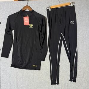MAVA Mens Black Long Sleeve Rash Guard Top & Pants Set Size L Athletic Fit